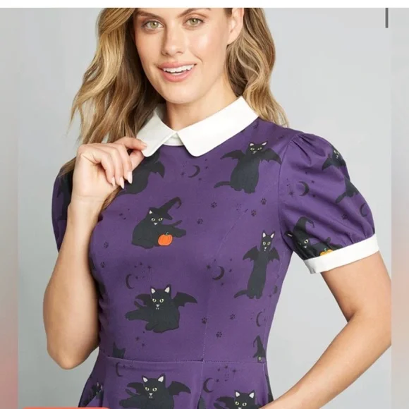 ModCloth Halloween Purple Cats Bats Pumpkins, Vampires A-Line Dress - Picture 2 of 9